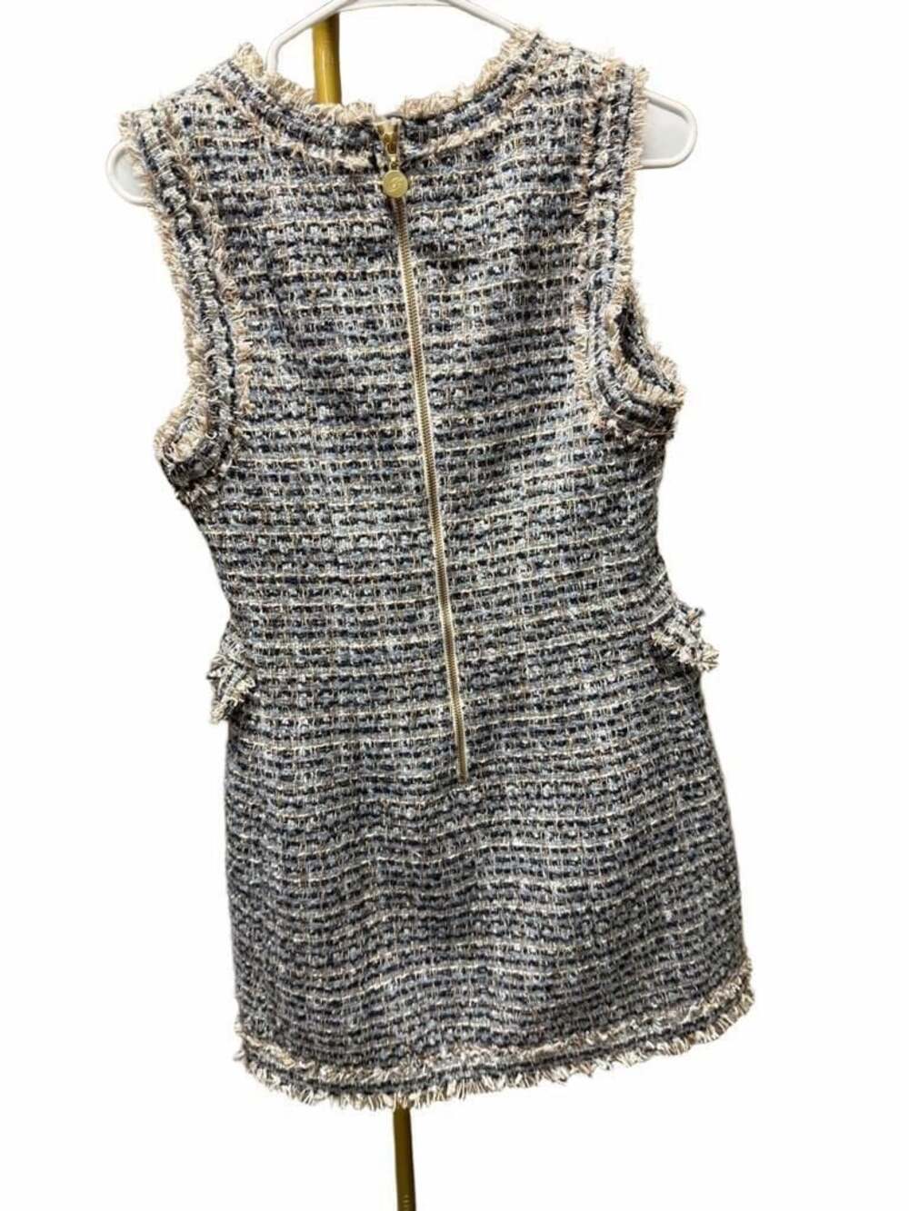 201 Five Plus Double-Breasted Sleeveless Tweed Mini Dress with Fringe Detail